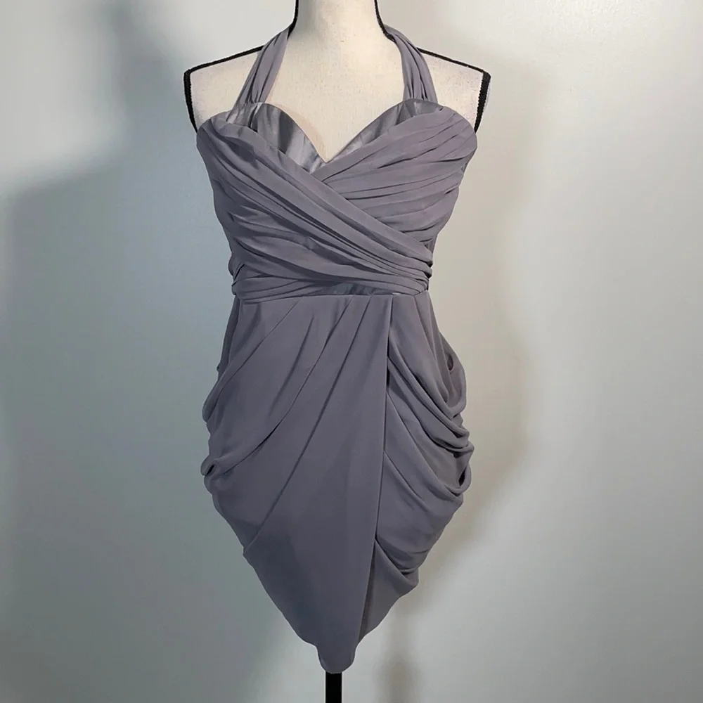 Walter Baker Grey Ruched Tie Back Sleeveless Halter Mini Dress M - Picture 2 of 16